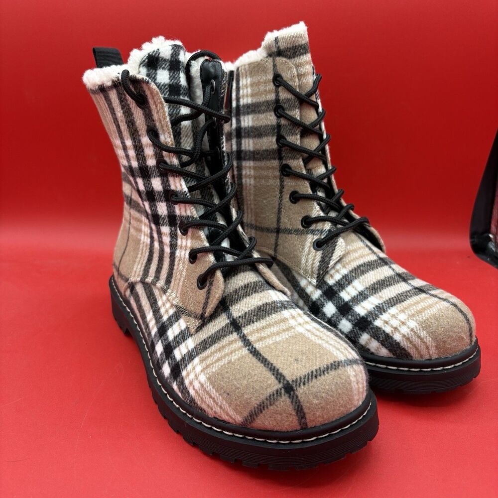 NEW Torrid Woman's Plaid Flannel Sherpa Cuff Combat Style Lace/Zipper Boots 11.5